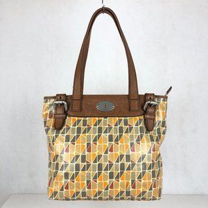 Fossil Key-Per Calypso Brown Grey Orange Cowhide Leather Trim Shoulder Bag Purse
